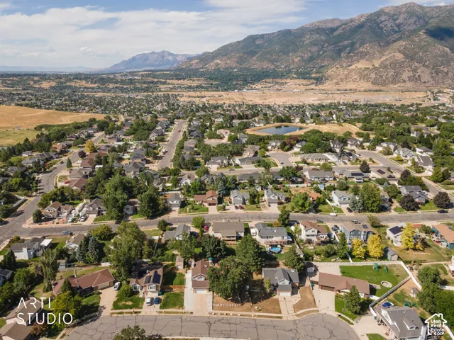 Expansive residential neighborhood with mature trees, established homes, paved streets, and mountainous terrain in the background