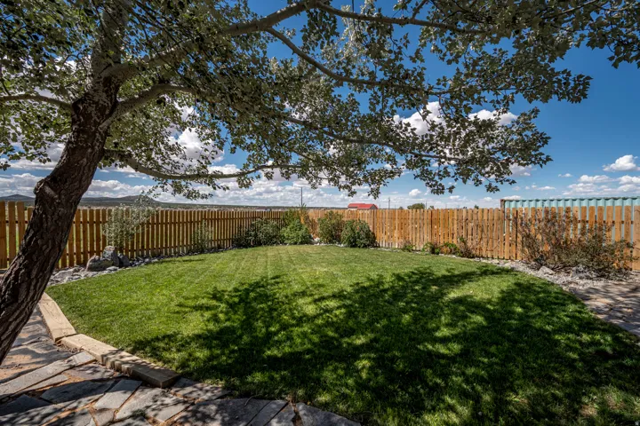 Expansive lawn bordered by a wood privacy fence and mature landscaping, featuring a paved patio area