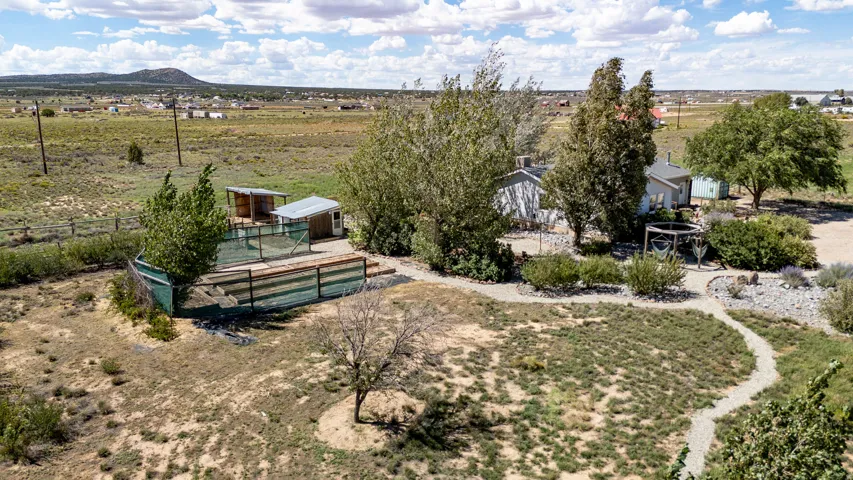 Multiple detached structures, established trees, and natural landscaping with a gravel pathway