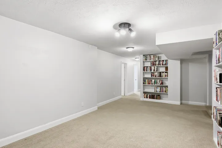 Carpeted flooring, built-in shelving, track lighting, and recessed ceiling lights