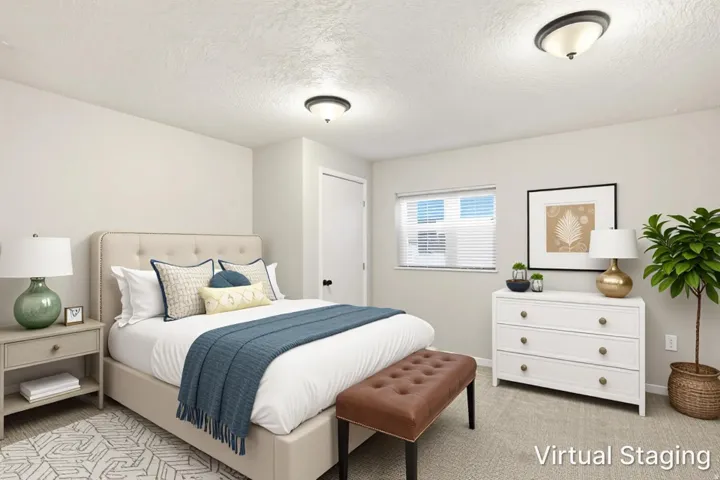 Wall-to-wall carpeting and white walls with a window featuring blinds