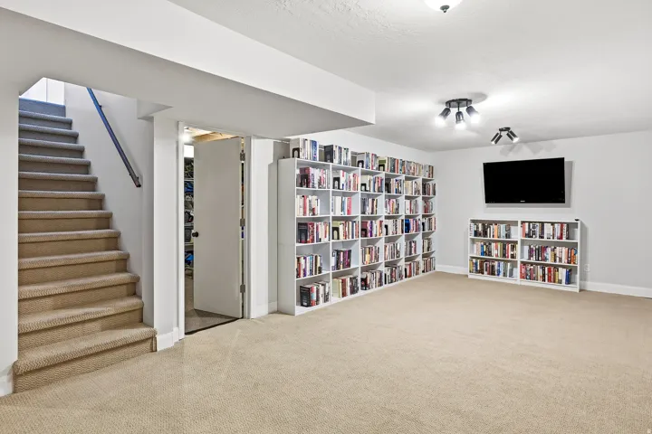 Carpeted staircase with handrail, built-in shelving, track lighting, and a wall-mounted flat-screen display