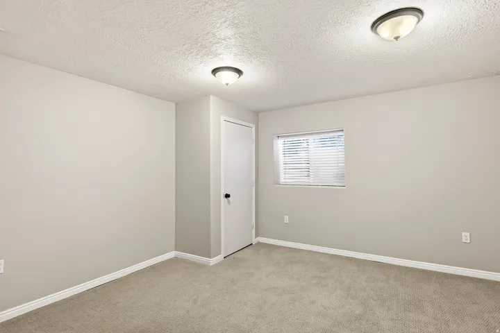 Neutral-toned walls, carpet flooring, window with blinds, and two flush-mount ceiling lights