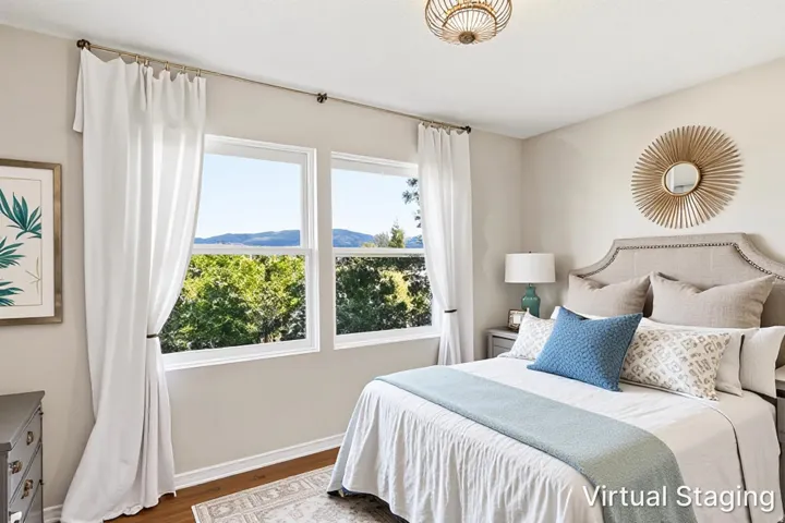 Dual windows with scenic landscape, wood-finish flooring, and a ceiling-mounted light fixture