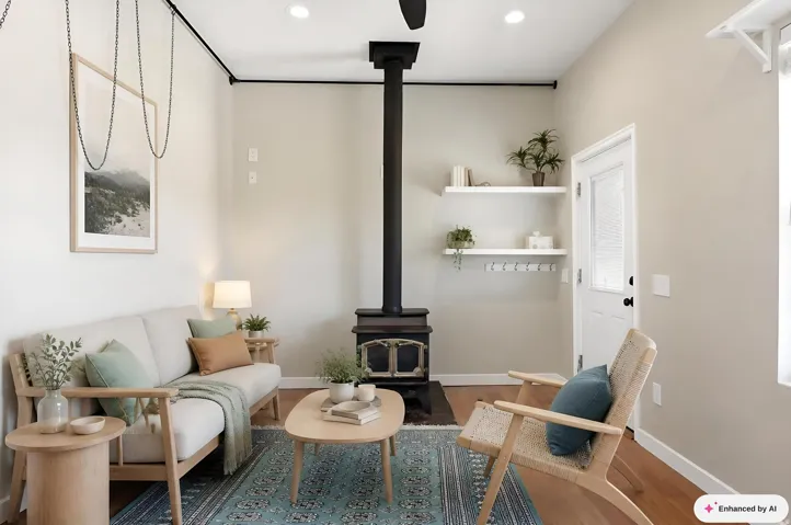 Warm wood-finish flooring with recessed ceiling lighting