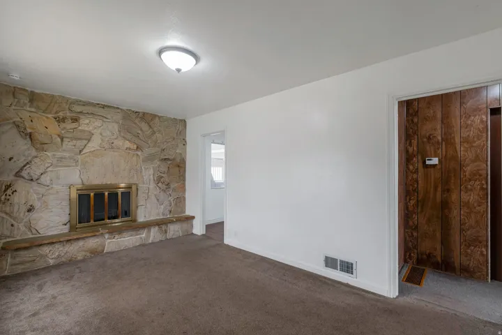 Stone-clad fireplace with a brass firebox, wall-to-wall carpeting, and wood paneling accent wall