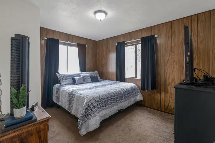 Room featuring wood paneling, flush mount lighting, and carpeted flooring