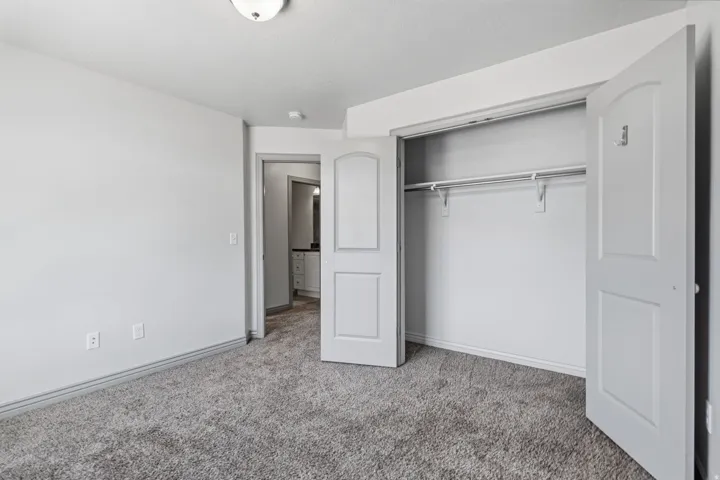Plush carpeting, bi-fold closet doors, built-in closet shelving, and a semi-flush mount ceiling light fixture