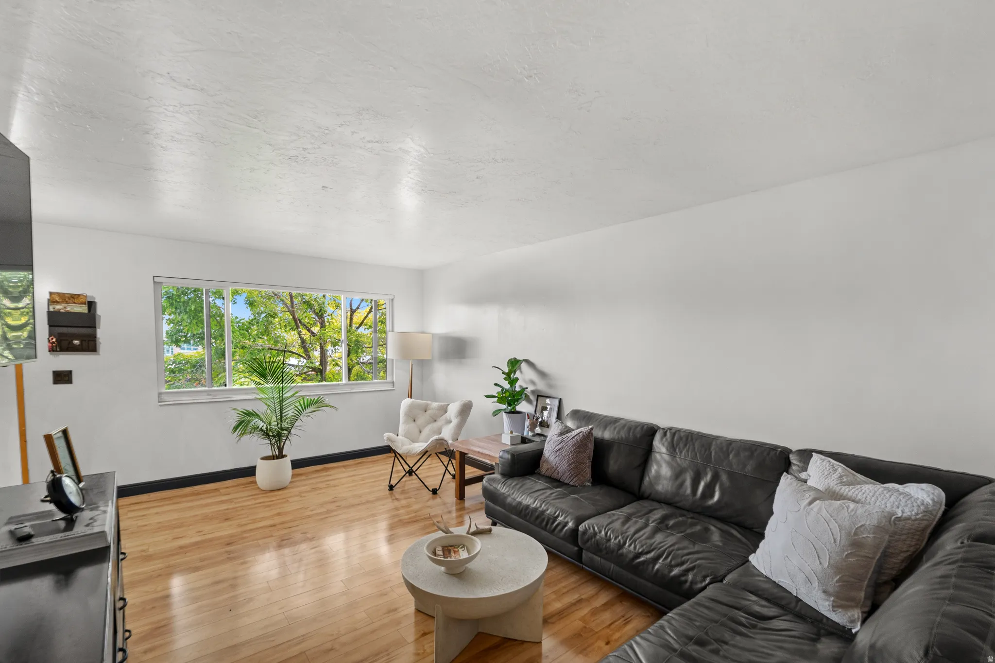 LVP-finish flooring, white painted walls, and a multi-pane window