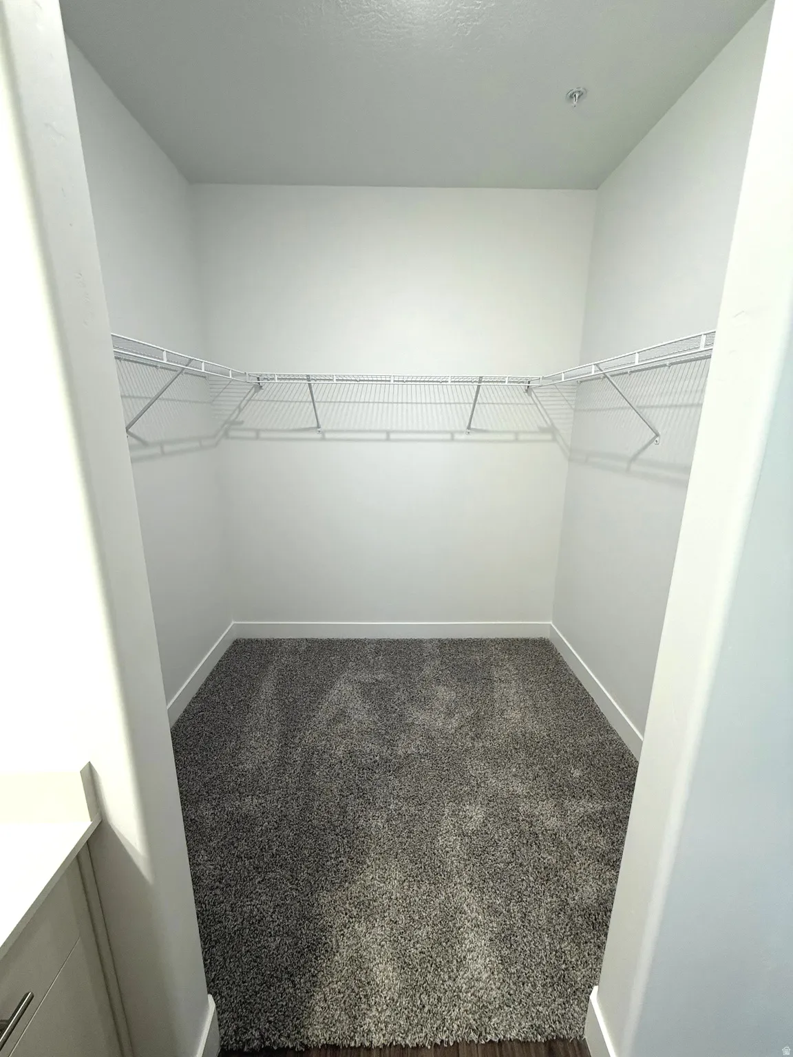 Walk-in closet featuring wire shelving, recessed lighting, and grey plush carpeting