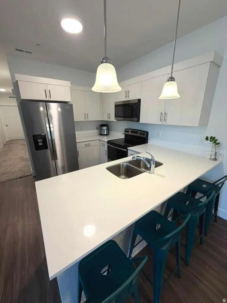 Kitchen featuring white cabinetry, stainless steel appliances, white countertops, a dual basin stainless steel sink, and wood-finish flooring