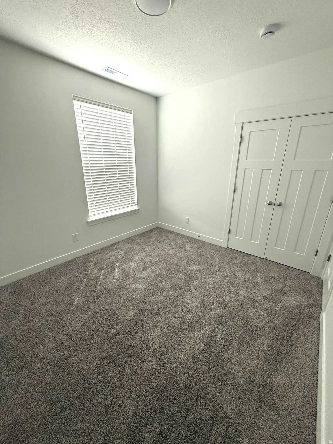 Neutral-toned carpet flooring, a window with blinds, and double panel doors