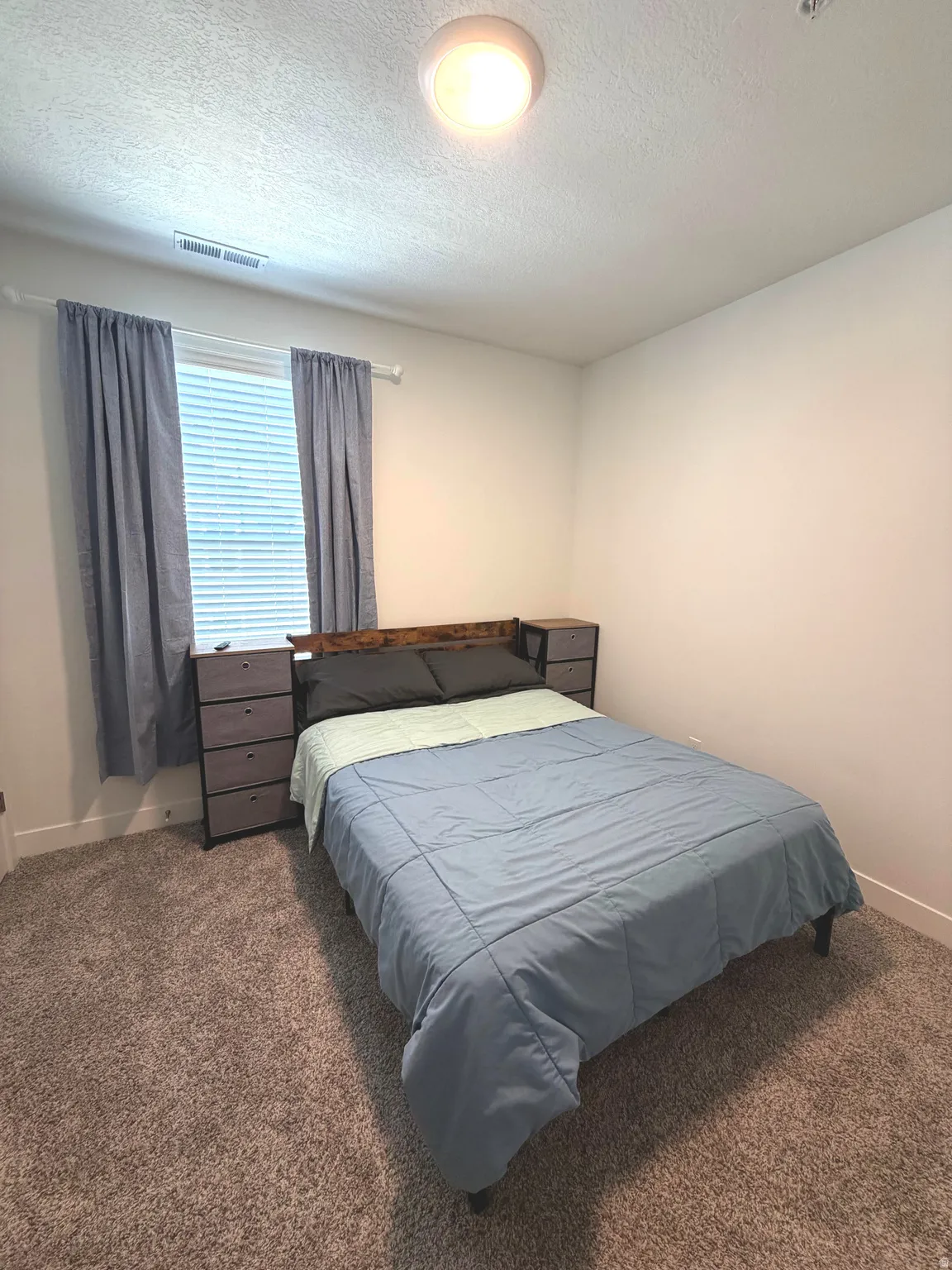 Wall-to-wall carpeting with light-toned walls and a window featuring blinds