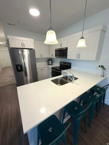 Kitchen featuring white cabinetry, stainless steel appliances, white countertops, a dual basin stainless steel sink, and wood-finish flooring
