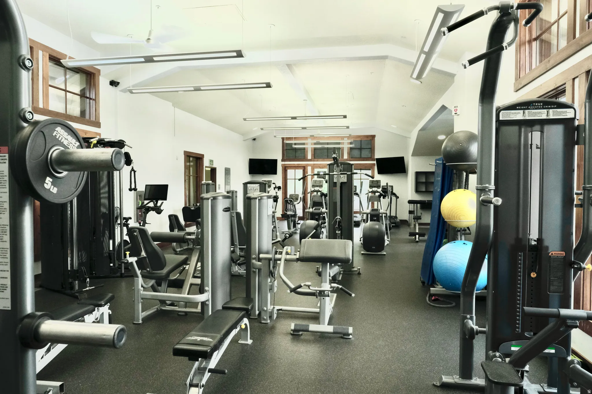 Dedicated fitness center featuring multiple workout stations, rubberized flooring, wood-framed windows, and overhead linear lighting