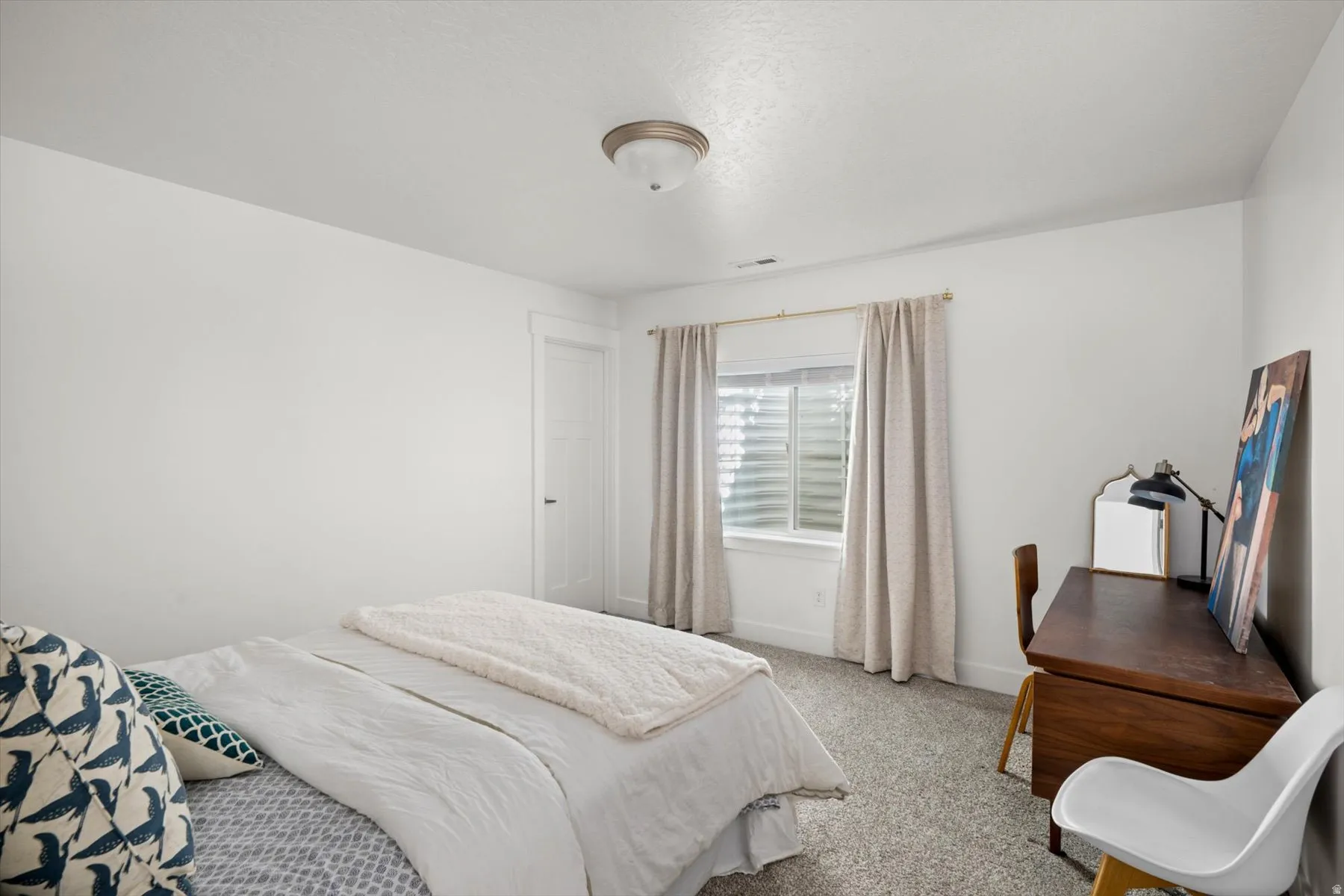 Neutral wall paint, window with blinds and drapes, recessed lighting, and carpet flooring