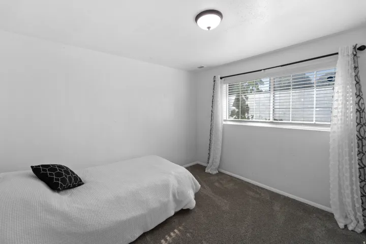 Recessed window with horizontal blinds, overhead flush mount lighting, and gray carpeting