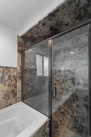 Built-in jetted tub and a shower enclosure with a dark-framed glass door