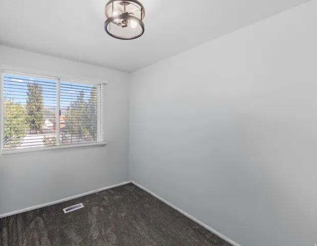 Textured gray carpeting with light gray wall paint, white window trim, and a contemporary ceiling fixture