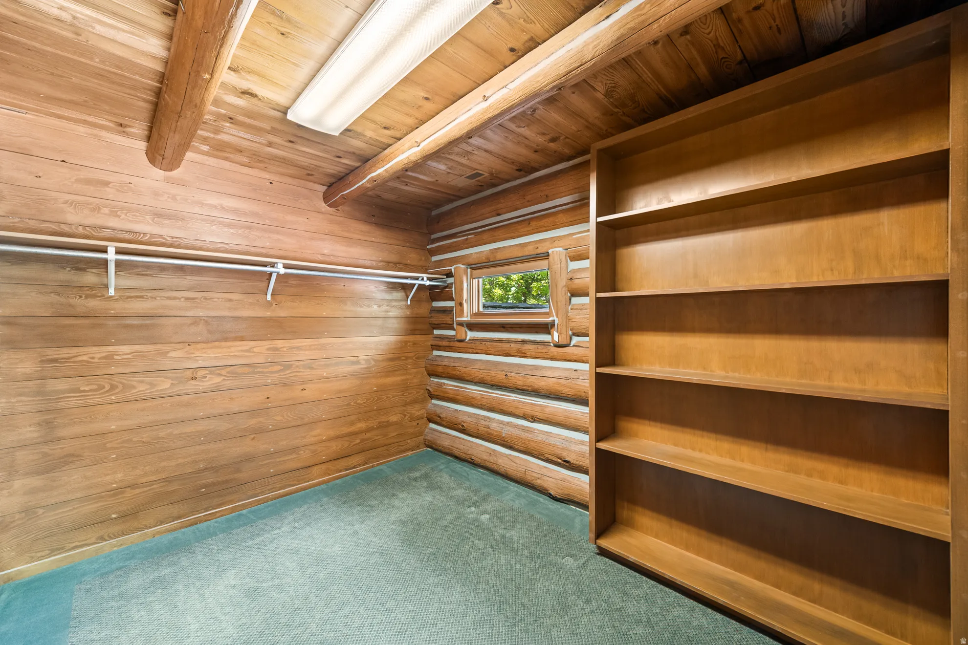 Room featuring wood paneling and log wall construction