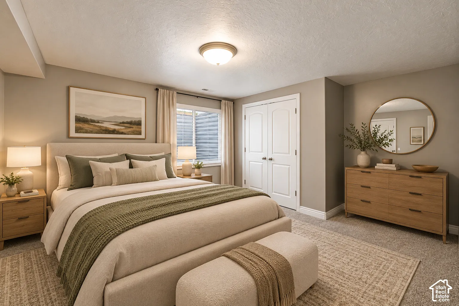 Neutral-toned interior featuring wall-to-wall carpeting, dual-door closet with paneled detailing, and a flush-mount ceiling light fixture