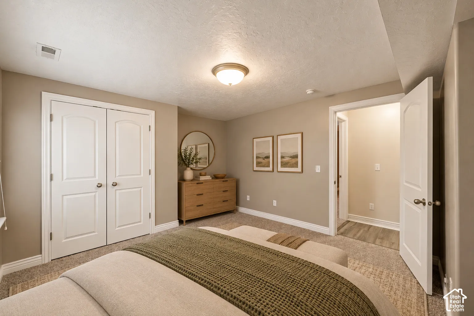 Neutral-toned interior space featuring wall-to-wall carpeting, white paneled doors, and a central ceiling-mounted light fixture