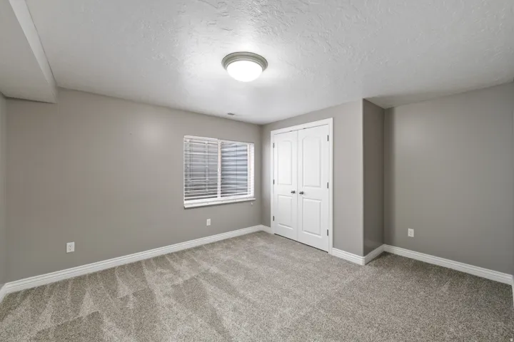 Plush grey carpeting, neutral wall color, and a window with horizontal blinds