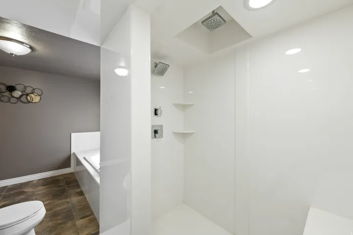 Walk-in shower with dual shower heads, recessed lighting, and integrated shelving