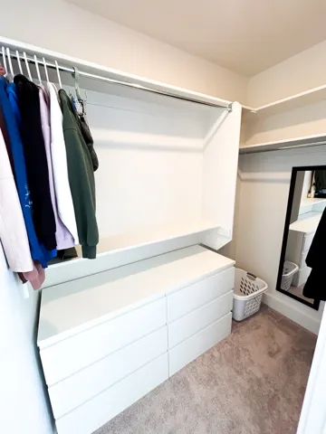 Walk-in closet featuring white built-in shelving, white built-in drawers, and carpet flooring