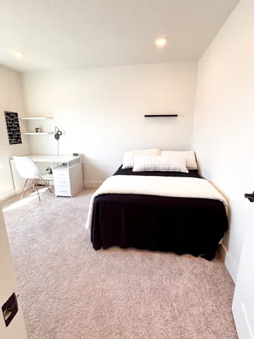 Recessed lighting, plush carpet flooring, integrated wall shelving, white walls, and a white door with black hardware