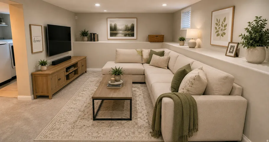 AI Virtually Staged: Recessed lighting, light-toned carpeting, built-in shelving, and a window with horizontal blinds