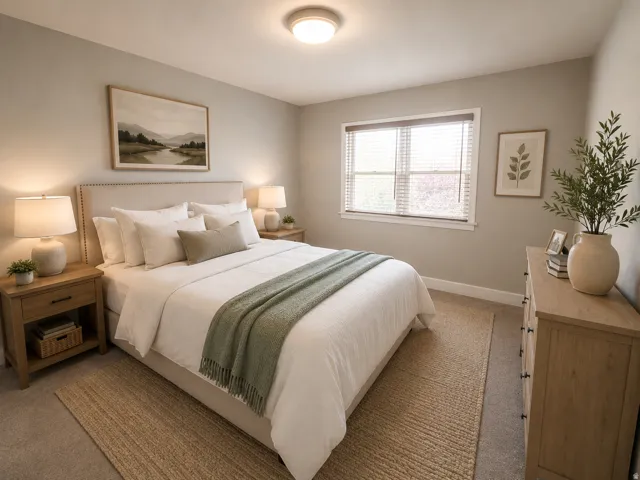 Virtually Staged: Neutral-toned walls complement the carpeted flooring