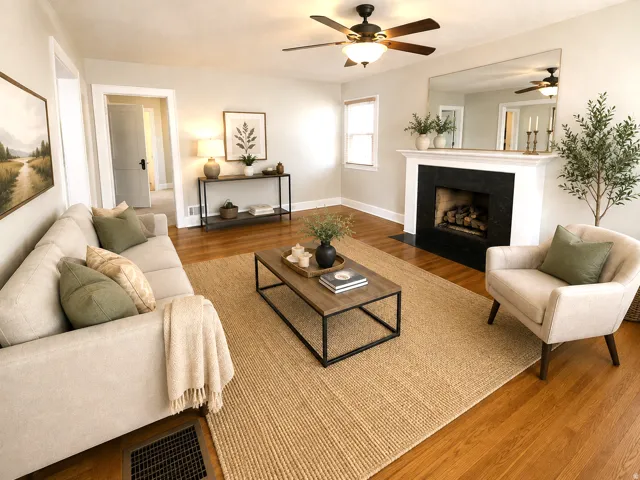 AI Virtually Staged: Warm wood-finish flooring with a white mantel and a dark-finished fireplace