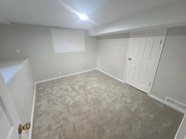Plush carpeting, light neutral wall color, white trim, paneled interior door, and built-in wall cabinet