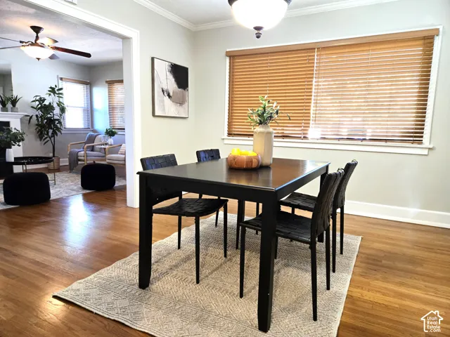 Wood-finish flooring, large picture window with horizontal blinds, and semi-flush mount ceiling lighting