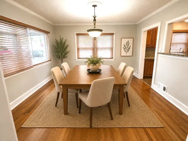 AI Virtually Stage: Hardwood flooring throughout, crown molding, and a chandelier light fixture