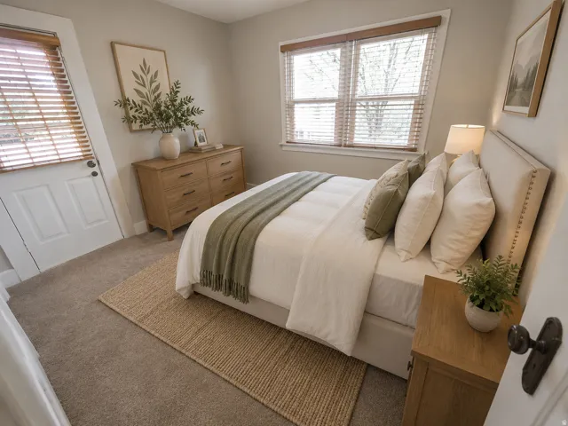 AI Virtually Staged: Carpeted flooring paired with a natural fiber rug