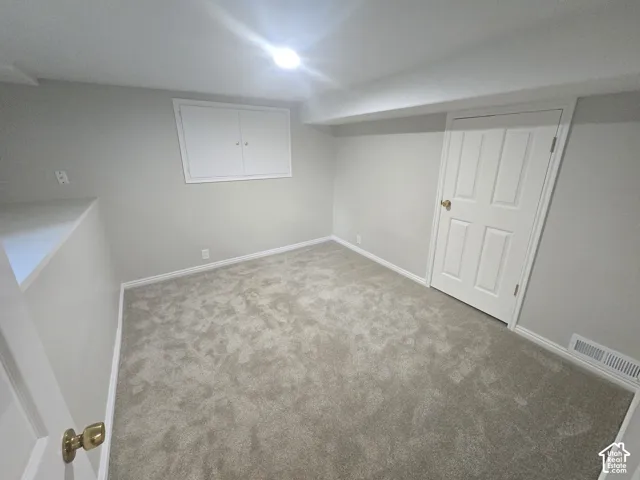 Plush carpeting, light neutral wall color, white trim, paneled interior door, and built-in wall cabinet