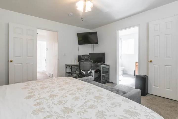 Carpeted flooring, paneled interior doors, and a ceiling-mounted light fixture