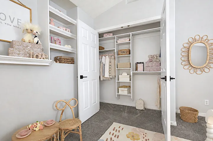Built-in shelving, closet with organizational system, white paneled doors, wall-mounted display shelving