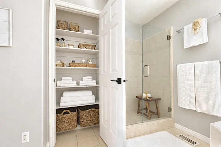 Walk-in shower with clear glass enclosure, tiled walls, and a tiled floor
