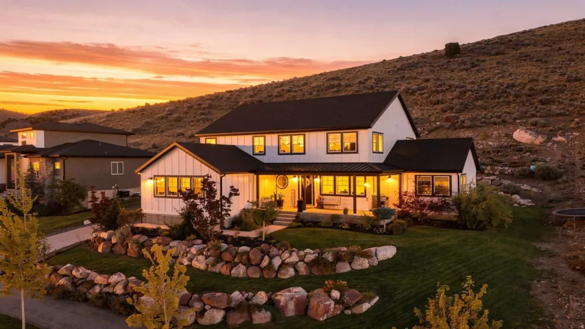 Modern farmhouse exterior featuring white siding, black-framed windows, and an oversized covered porch