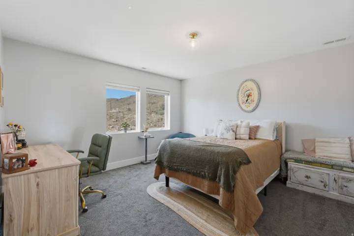 Neutral wall color, recessed lighting, dual windows, gray carpet flooring, and a ceiling-mounted light fixture