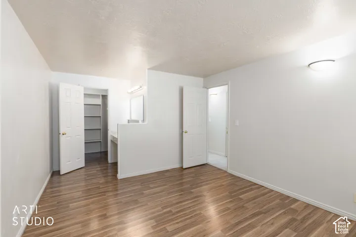 Wood-finish flooring, built-in shelving, vanity with integrated mirror, and ceiling-mounted lighting