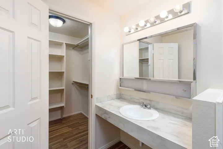 Vanity with integrated sink and chrome faucet, large mirror with vanity lighting, organized closet with shelving, wood-finish flooring