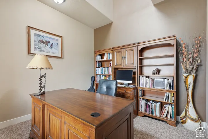 Vaulted ceiling, built-in custom cabinetry, built-in shelving, recessed lighting, and carpet flooring