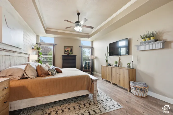 Tray ceiling with a ceiling fan, wood-finish flooring, two large windows, a built-in wall shelf, and a built-in wood-finish media console