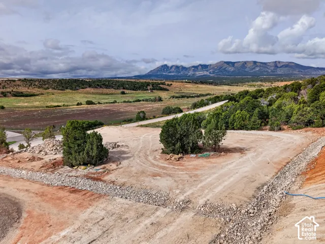Expansive undeveloped parcel featuring mature trees, a dirt road, and rocky ground cover, with distant mountains
