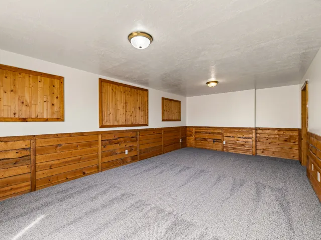Wood-paneled wainscoting and wall accents, white painted walls, and ceiling-mounted light fixtures