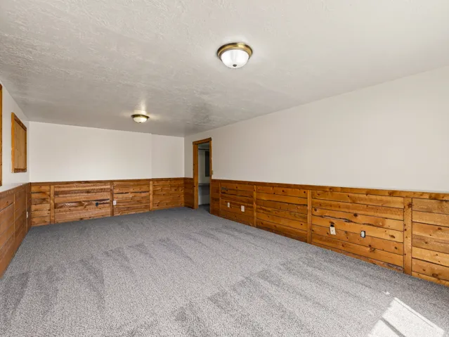 Spacious room featuring wood paneling, light-colored walls, ceiling-mounted lighting, and gray carpeting
